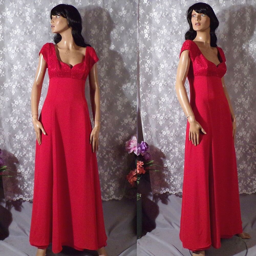 Vintage 90s Red Maxi Dress Lace Sweetheart Bust Empire Waist Formal Gown Small